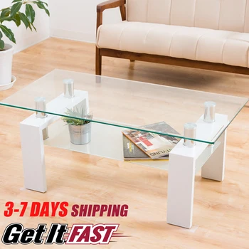 

100CM Clear Tempered Glass Coffee Table Top Cocktail Living Room Modern 2 Tier Clear Side End Console Table With Lower Shelf