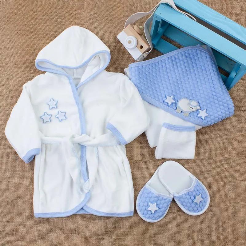 Baby Bath Robe Newborn Set Girl Boy 0-24m Clothes Soft Cotton Fabric Sheep Patterned Drying Towel Foaming Pouch Bath slippers