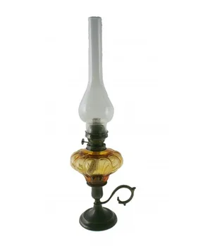 

Oil lamp Candlestick glass and metal Amber. Measurements: 47x16 cm.