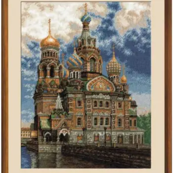 

"Embroidery kit for floss", "Cross-stitch", "Canvas", "floss", "embroidery needle", "symbolic scheme", "instructions", "Church of the Savior on Spilled Blood"