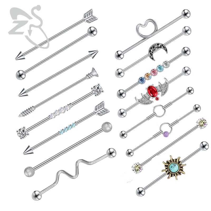 ZS 1PC 외과 강철 박쥐 여성을위한 산업 바벨 반지 CZ 크리스탈 심장 산업 피어싱 14g 귀 Tragus 헬릭스 피어싱