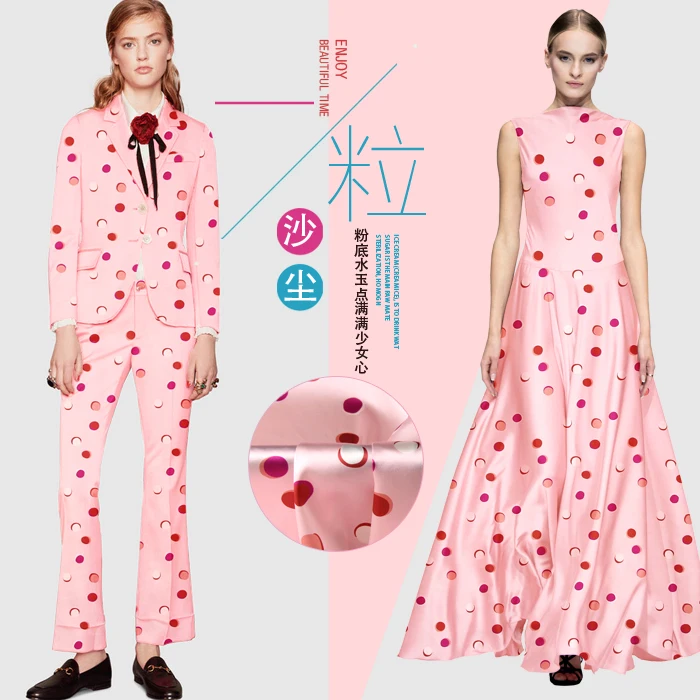

SP881 Pure Silk/ Dots, Pink /Silk Fabric Mulberry Silk 93% Silk 7% Spandex Elastic/ Width 1.29yd Thickness 19mm/ Unit: meter