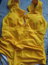 One-Piece Swimsuit Beachwear Women Monokini Ruffled SEASELFIE Yellow Sexy V-Neck Solid