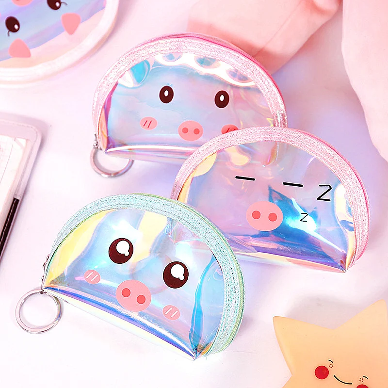 Cute Pig Coin Storage Bag Laser Transparent Key Coin Organizer Cartoon Delicate Storage Pouch Multipurpose Waterproof Organizdor