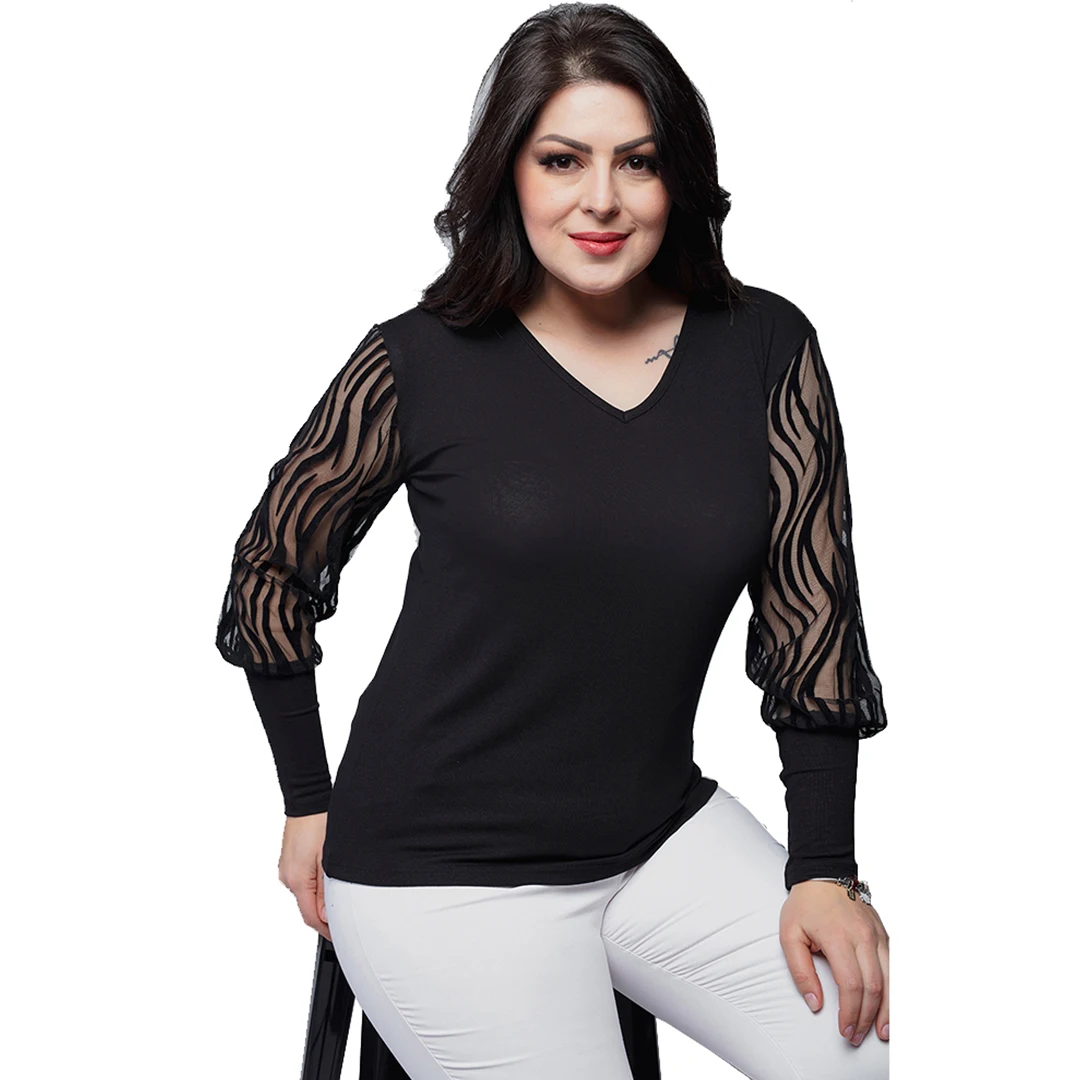

Women’s Plus Size Transparent And Suede Detailed Sleeve Black Blouse, Designed And Made In Turkey, New Arrival