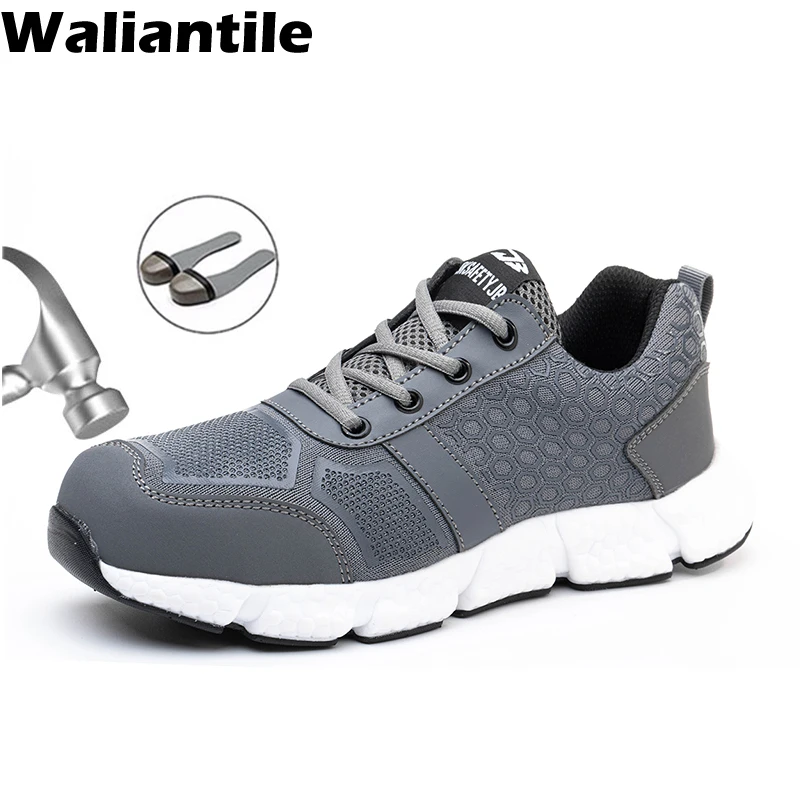 Waliantile Breathable Work Shoes Men Summer Mesh Safety Boots Anti-Smashing Steel Toe Cap Indestructible Working Sneakers |