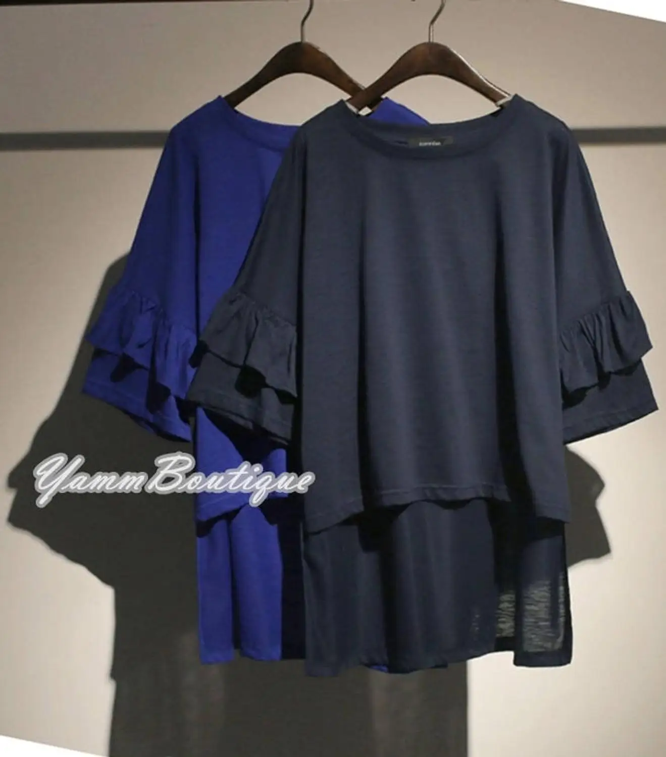 Frilled Sleeve Women Asymmetric Cut Side Slit Top