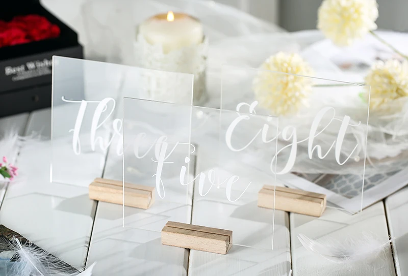Personalized Calligraphy Wedding Table Number Acrylic Event Shower Clear Table Number Wedding Table Number with Wood Holder Set