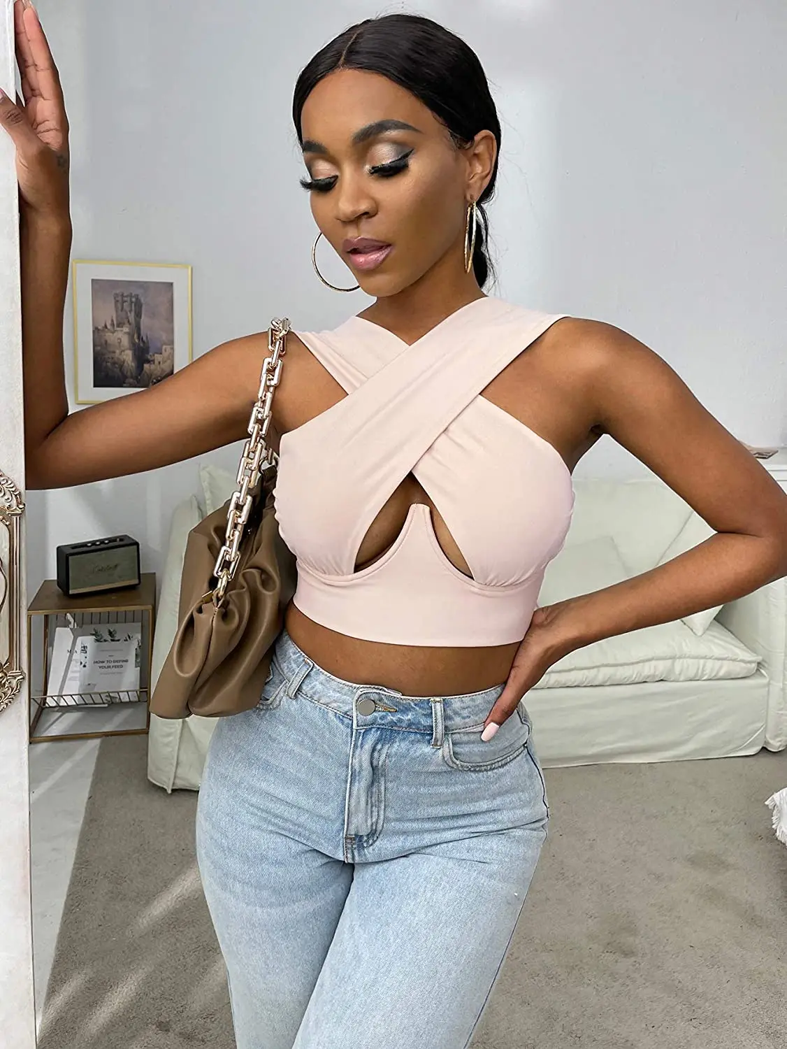 Women's Criss Cross Tank Tops Sexy Sleeveless Solid Color Cutout Front Crop Tops Party Club Streetwear Summer Lady Bustier Tops