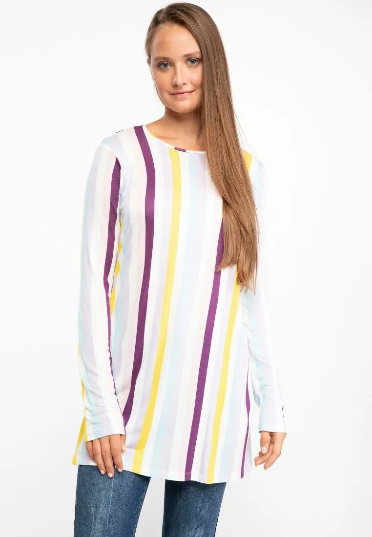 Дефакто Женская белая трикотажная цветная Туника Топы женские полосатые длинные