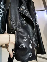 Coats Jackets Rivet Streetwear Print Faux Motorcycle White Winter Women Zipper Black
