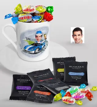 

Personalized Mr Rallici Caricature Of Turkish Coffee Cup Selamlique Mixed Turkish Coffee house And Haribo Candy Gift Seti-1