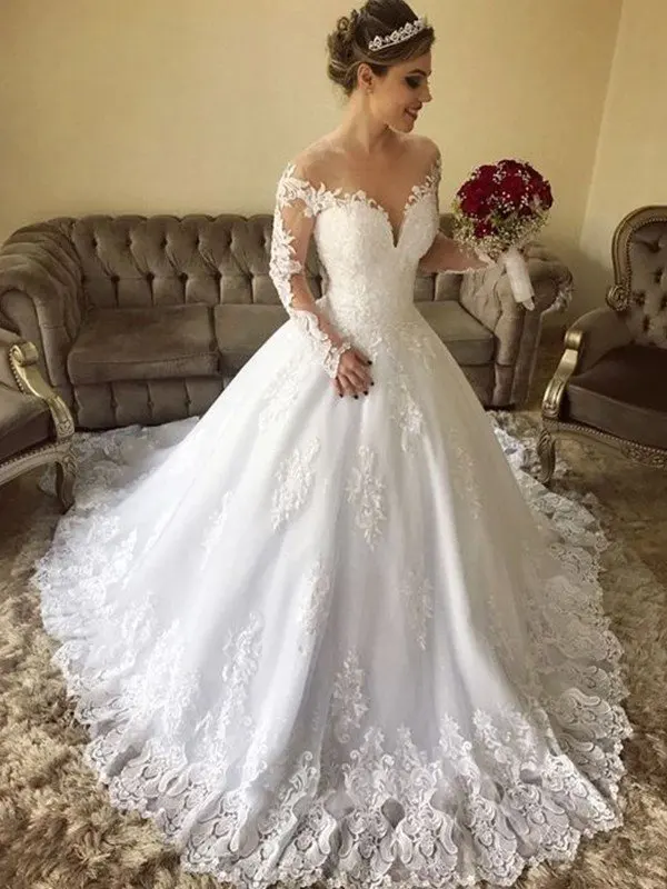 Бальное платье с открытыми плечами длинными рукавами/щетка поезд Кружева Тюль