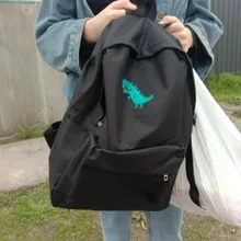 Estilo coreano de la lona mochila de moda bolsa de Campus de gran capacidad pequeño Estampado de dinosaurios mochilas Bolso Negro Blanco