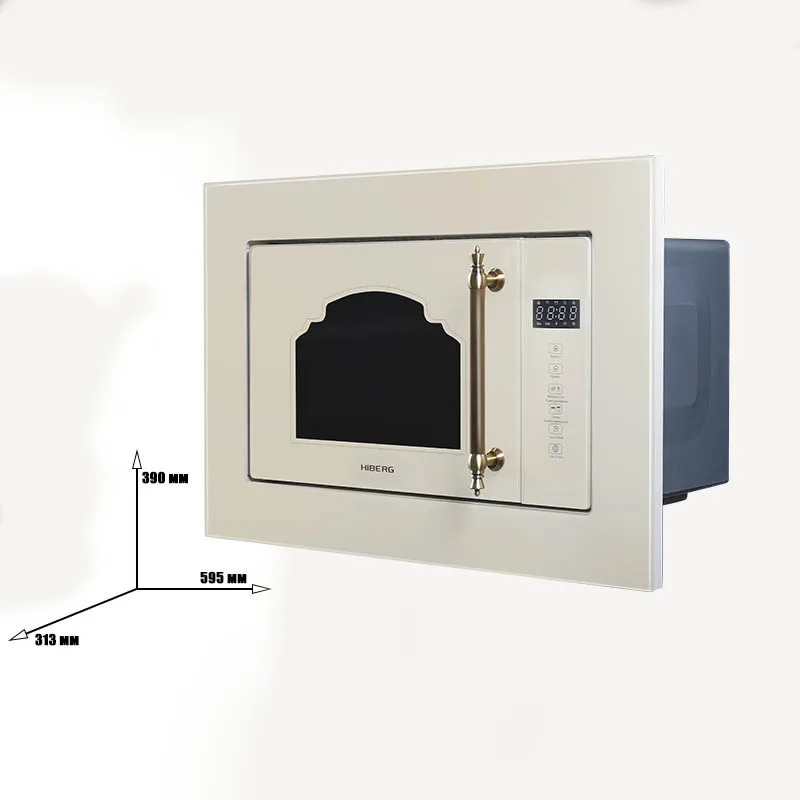 Встраиваемая СВЧ печь HIBERG VM 6502 YR(керамическое дно без поворотного стола, 3D волны, мощность 1080 Вт, объём 20 л., гриль, стеклянный фасад бежевый, сенсорное управление
