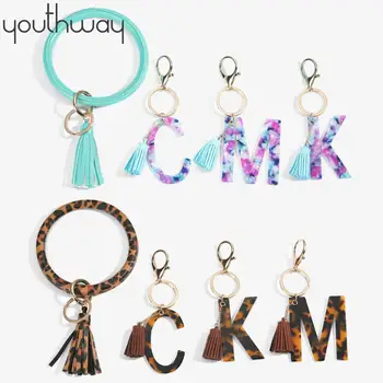 

Keyring Bracelet Tassel Initial Acetate Resin Pendant Bracelet Bangle Exaggerated Big Round Keychain Wrist Strap for women