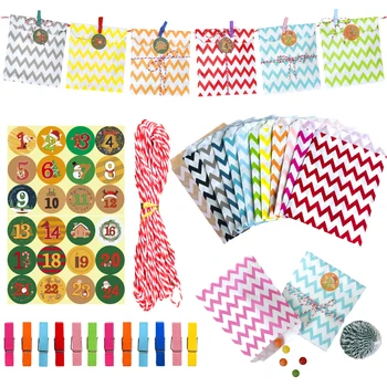 

24sets Advent Calendar Christmas Gift Holiday Count Down Favor Bag with Stickers for New Year Party Candy Paper Treat Bag