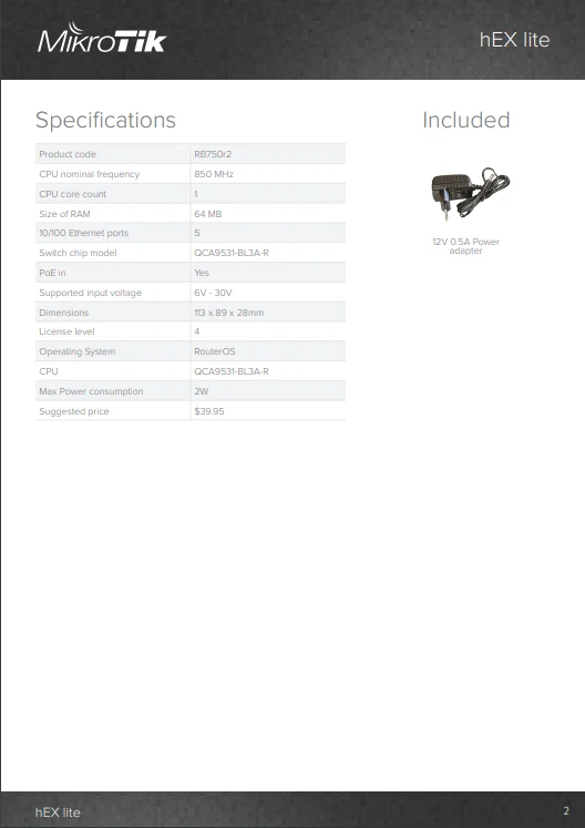 Mikrotik hEX lite RB750r2