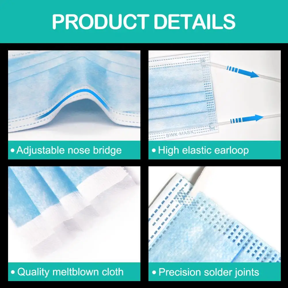 100/200/300Pcs POWECOM Disposable Face Mouth Mask  Protective Face Mask 3Layer Dustproof Nonwoven Safety Mouth Masks for Adult 2