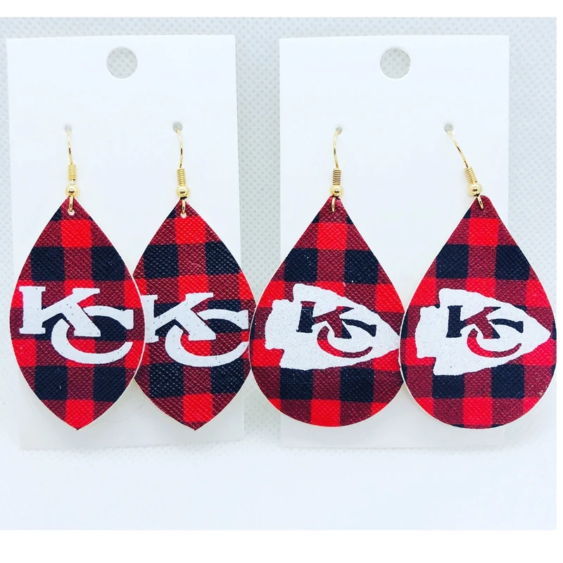 Настроить Канзас-Сити вождей футбольные болельщики серьги Искусственный серьги из кожи красный и черный буйвола плед каплеобразные серьги слеза падение