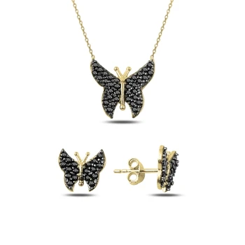 

Kutaydan Black Zircon Stone Butterfly 925 Sterling Silver Set Made in Turkey
