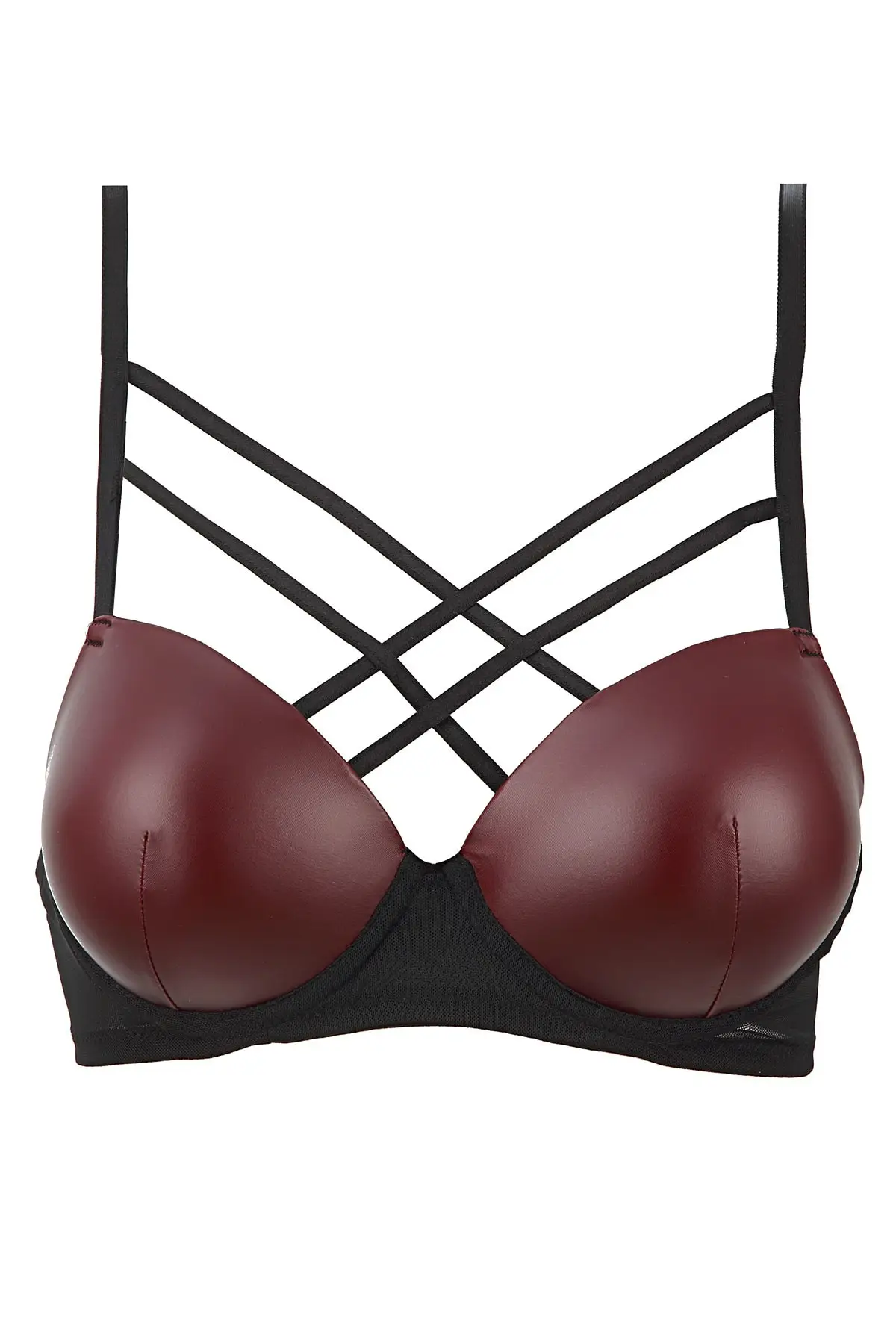 Women Burgundy Tulle Detailed Leather Bra