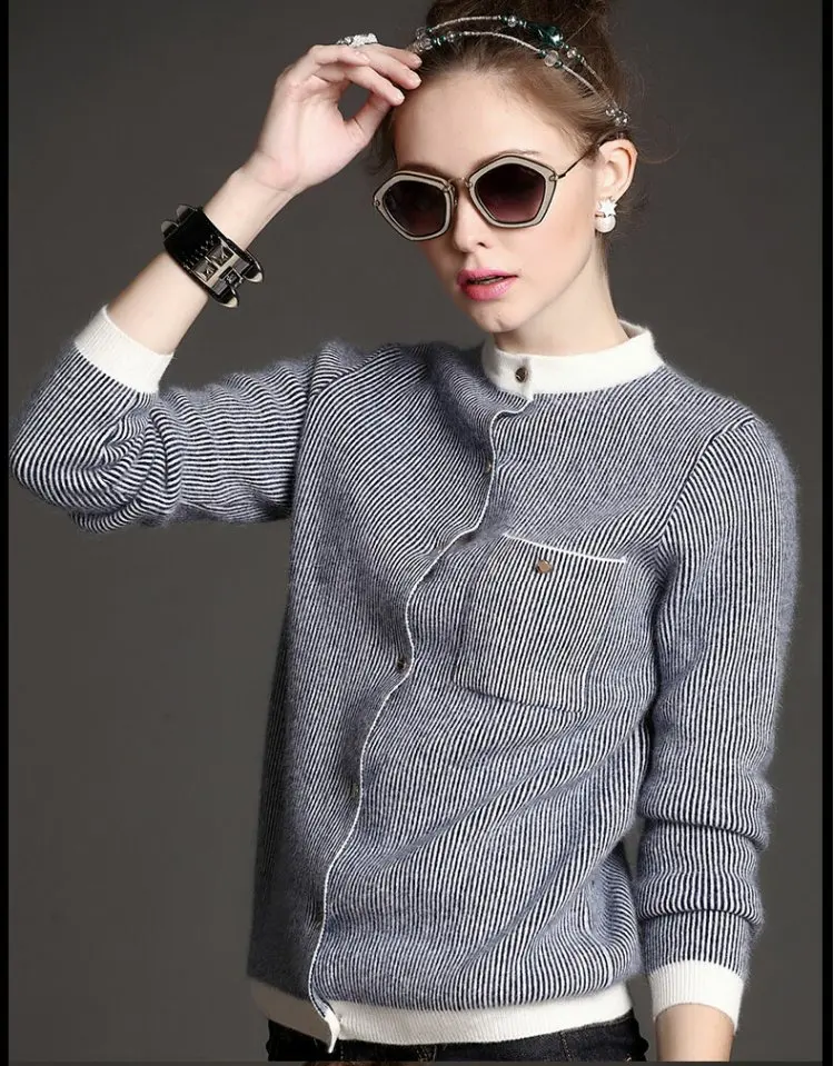 

Obrix Formal Spring Autumn Female Sweater Casual Style O-Neck Full Sleeve Pullover Striped Pattern Cardigan For Women