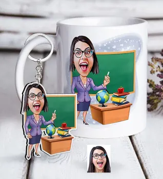 

Personalized Women 'S Teacher Caricature Of White mug And Keychain Gift Seti-1