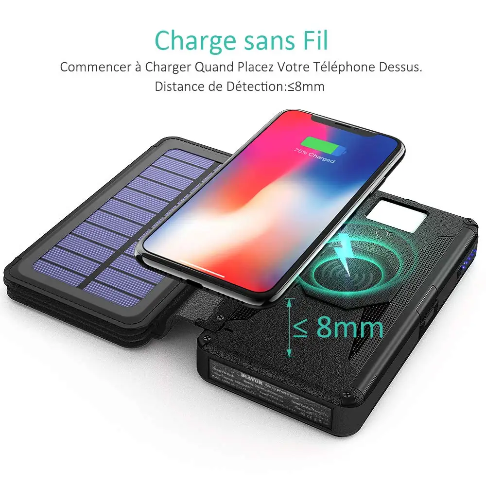 Внешний аккумулятор Power Bank с беспроводной зарядкой Qi, фонарем, 3 солнечные панели 20000mAh(Черный