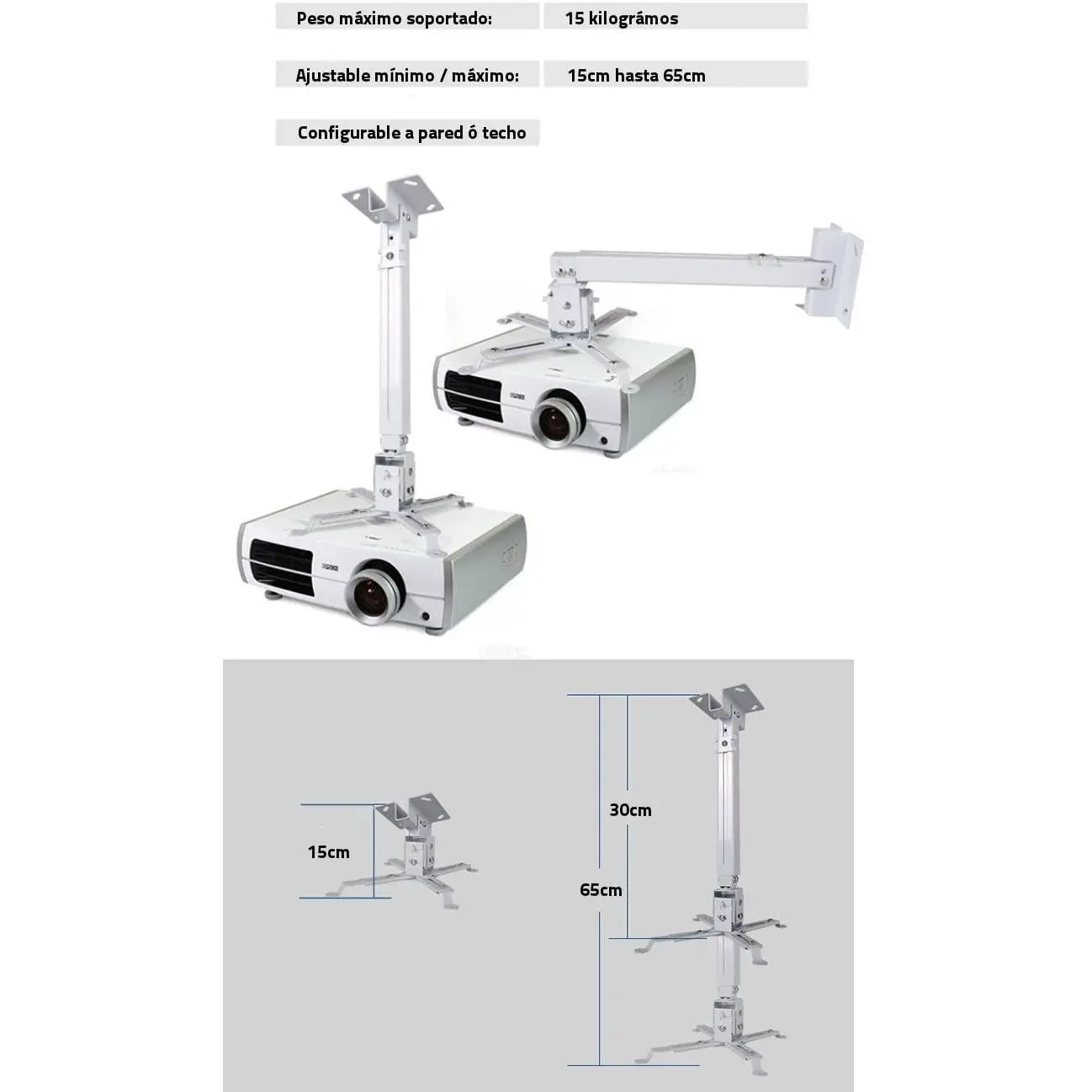 Supporto per Proiettore per Testiera del Letto, Schienale del Divano, Altezza Regolabile, Girevole a 360 Gradi Inclinabile a 90 Gradi, Supporto per Proiettore con Struttura in (Bianco