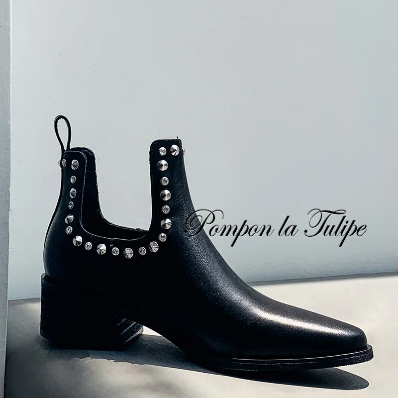 

BHS 9011133 Stylish Women Rivet Genuine Cow Leather Matte/Patent Surface 4.5CM Chunky Heel Mid Calf Chic Fashion Chelsea Boots