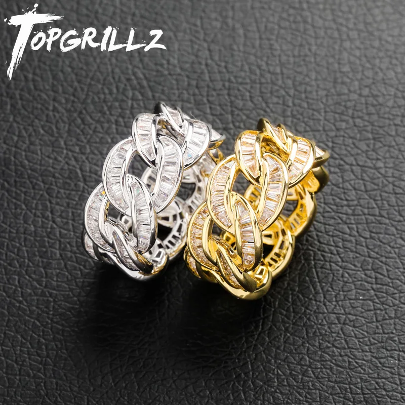

TOPGRILLZ New Cuban Link Chain Ring Men's Bling Bling Iced Out Cubic Zircon Hip Hop Punk Rings Exaggerated Street Artist Ring