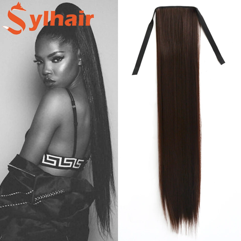 Sylhair 합성 슈퍼 긴 스트레이트 리본 Drawstring 가짜 Ponytails 헤어 테일 확장에 클립 하이 자연 헤어 조각