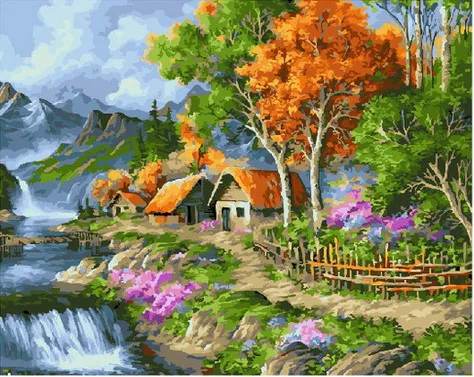 Painting by numbers houses at the waterfall 40x50 cm | Игрушки и хобби