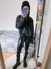 Jacket Short Winter Coat Faux-Leather Mozuleva Black Women Retro PU Turn-Down-Neck Loose