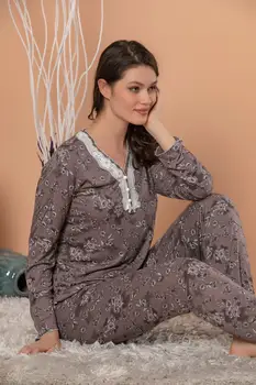 

STRAWBERRY Women Pattern Cotton Long Sleeve Lace Sleepwear Suit