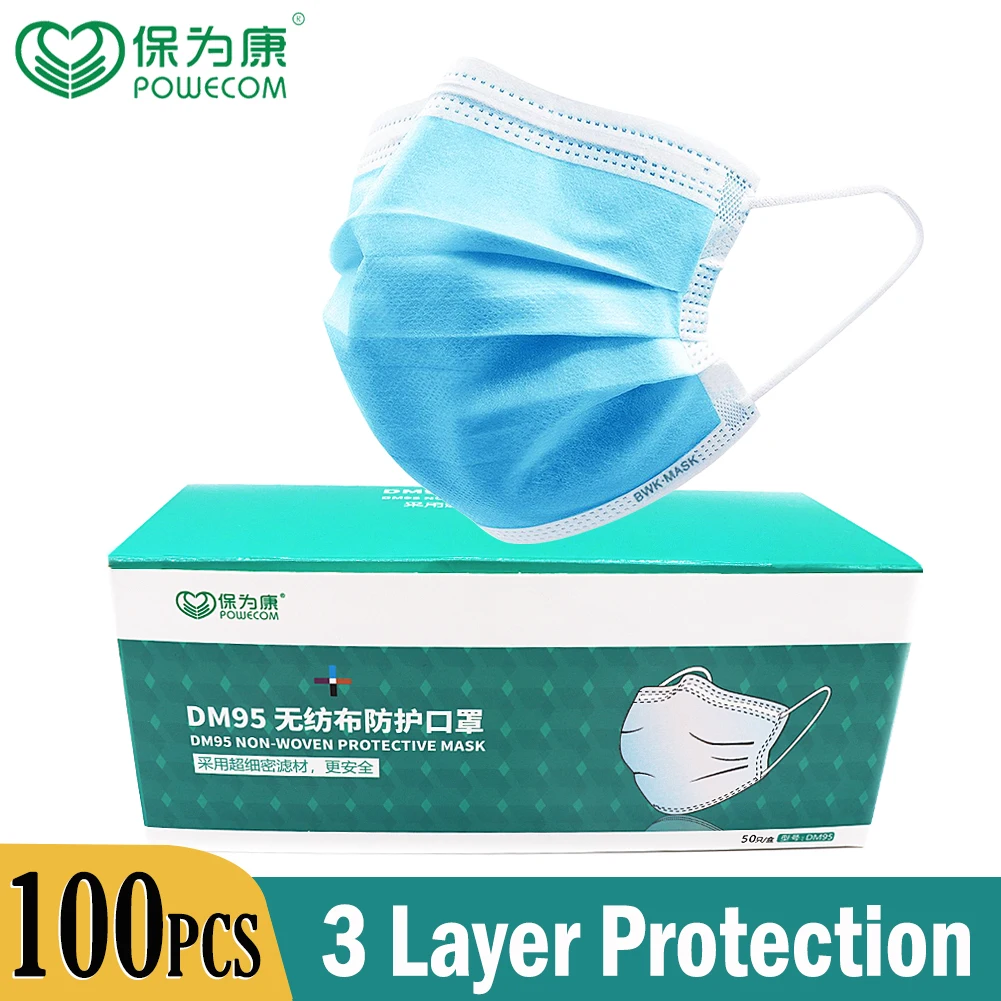 POWECOM Disposable Face Mouth Mask 3Layer Dustproof Nonwoven Safety Mouth Masks 100/200/300Pcs for Adult