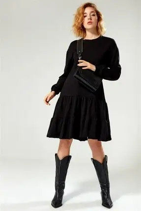 Women's Black Skirt Gathered Long Sleeve Mid Calf Dress Ball Gown Sexy & Club Shipping From Turkey 0005