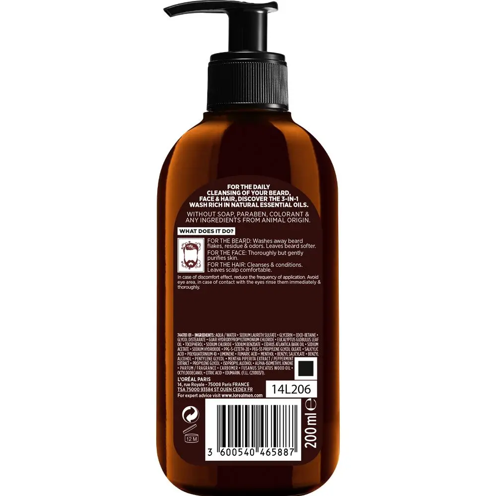 L'Oreal Paris Men Expert Barber Club Очищающий гель 3 в 1 для Бороды + Лица Волос с маслом