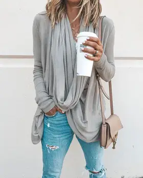 

2020 Women Fashion Elegant Solid Long Sleeve Drape Blouse Drape Neck Casual Loose Gray Blouse Female Spring Stylish Plus Size