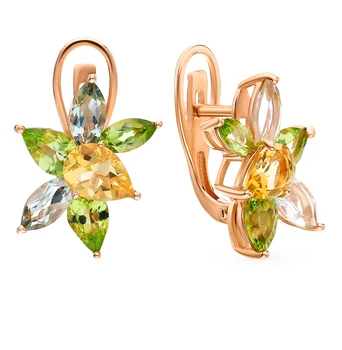 

Gold earrings with хризолитом, citrine and amethyst green sunlight sample 585