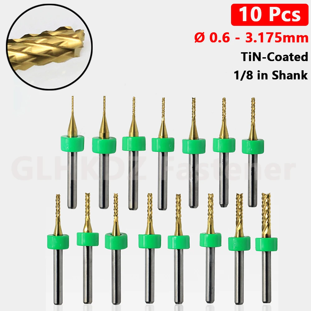 

10Pcs Ø 0.6mm to 3.175mm Micro End Mill Solid Carbide TiN Coated PCB Engraving Bit Corn Milling Cutter CNC Router Tool 1/8 Shank