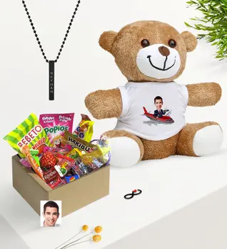 

Personalized Mr Host Caricature Of Nostalgic Lezzetler Plush Teddy Bear Black Bar Necklace Gift set
