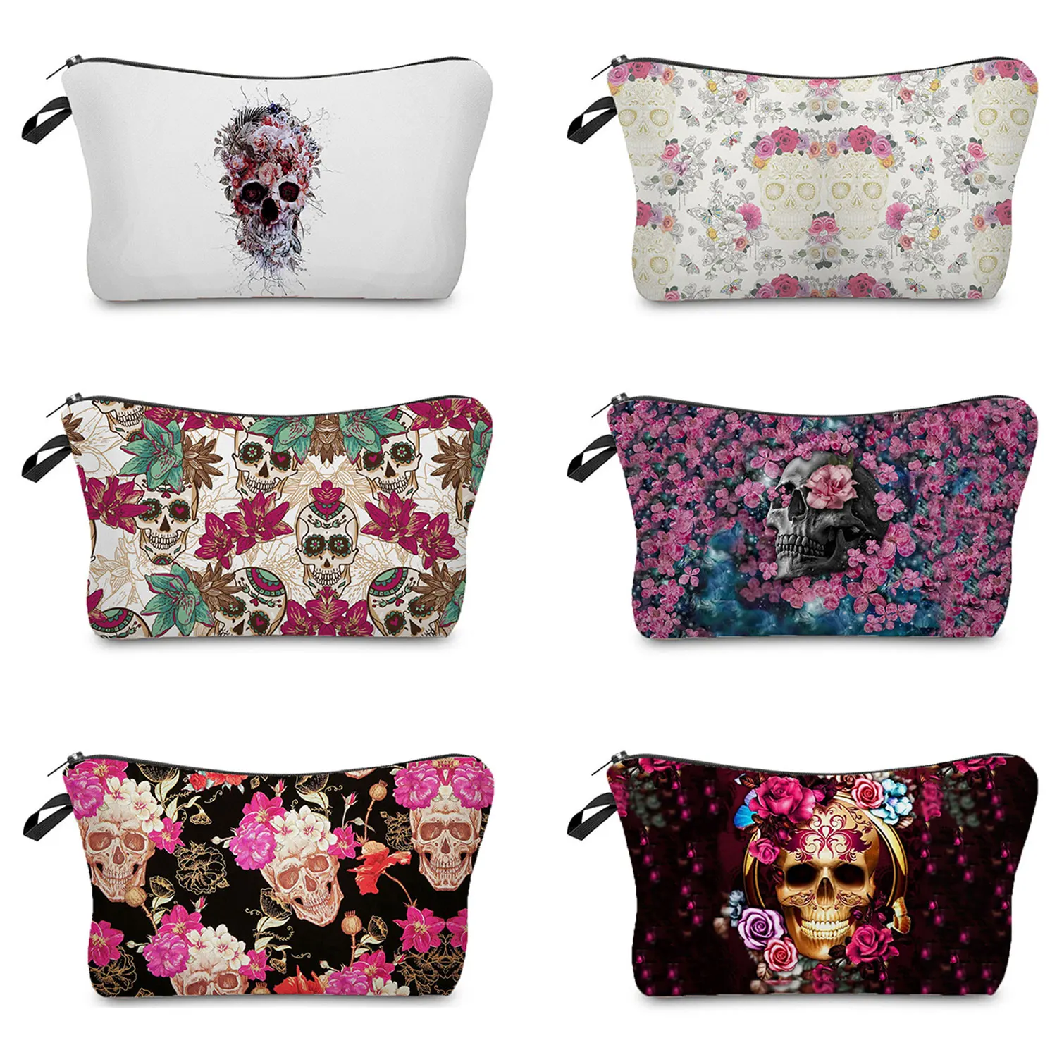 New Trend Hot Sale Cosmetic Bag Skull Floral Print Black Organizer Female Halloween Gift Candy Bag Cool Style Fashion Coin Purse