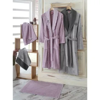 

Cotton Box 3D Embroideried Smart Bamboo Family Robe Set Damson Gray 5 Piece