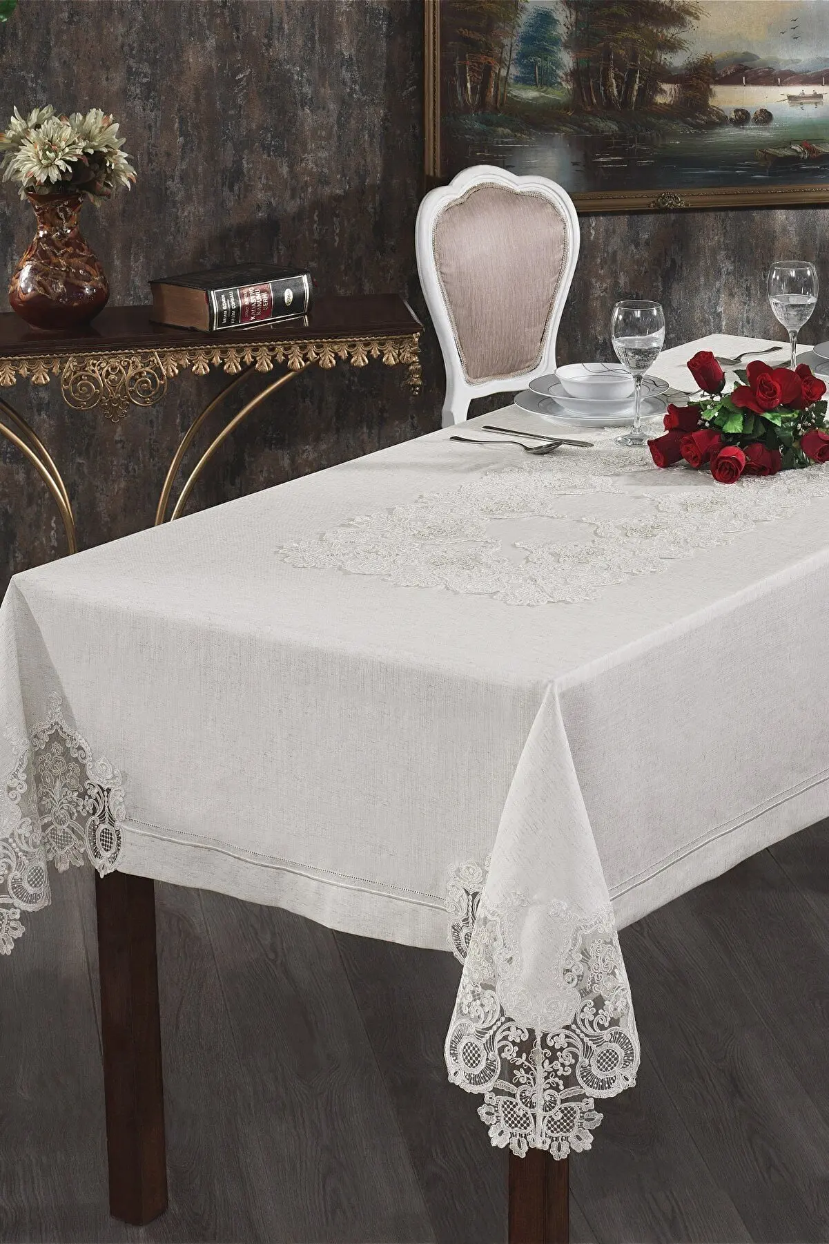 

Rita Lace Tablecloth 150 x 250 cm Rita lace tablecloth stain-free 100% carefree linen fabric table decoration decoration wedding