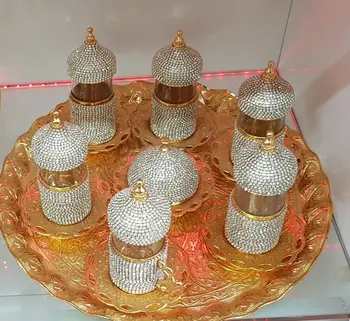 

Handmade authentic Design Turkish Greek Arabic Coffee Espresso Set for 6 Service, Cups Saucers Lids Tray Delight Candy Dish GIFT