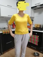 Female Tee Shirt Tops V-Neck Knitted Korea Short-Sleeve Solid Thin Gebreid Dames