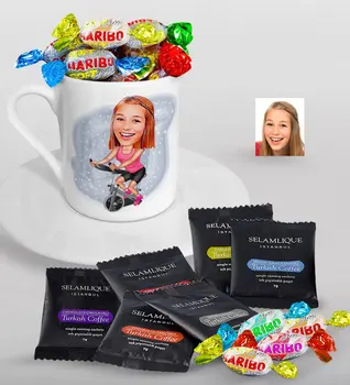

Personalized At Caricature Of Turkish Coffee Cup Selamlique Mixed Turkish Coffee house And Haribo Candy Gift Seti-1