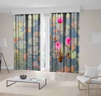 

Curtain Lotus Flowers Waterlilies Pond in Oriental Exotic Nature Aquatic Plants Decorative Photo Printed Pink Green Brown